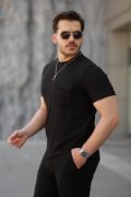 Erkek Cepli Kolyeli Kısa Kollu örme Kumaş T-shirt resmi
